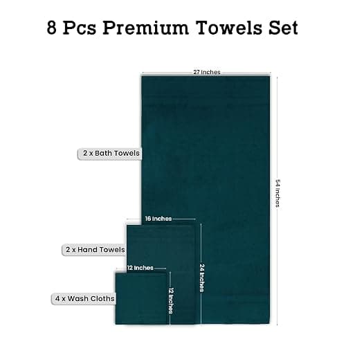 Casa Lino Bath Towel Set of 8 (2 Bath Towels, 4 Wash Cloths & 2 Hand Towels for Bathroom) - 100% Cotton - Highly Absorbent & Quick Dry - Guest Room Essentials for Bathroom Set - (Teal) thumbnail 2