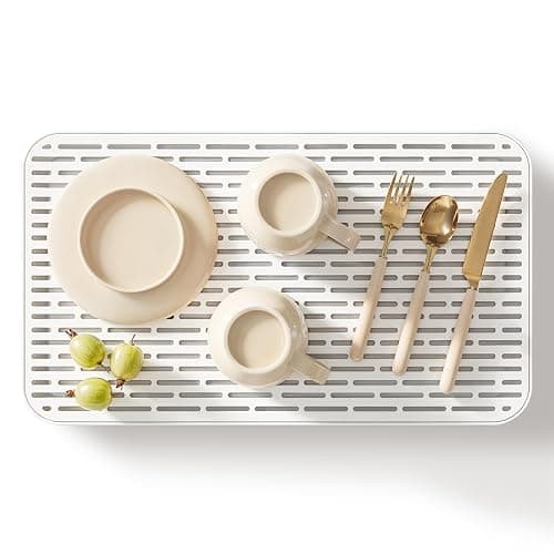 Deepstone 3-Layer Stone Dish Drying Mat for Kitchen Counter - Diatomaceous Earth Quick Dry Mat with Removable Plastic Topper and Non-Slip Base Pad, 16 x 9 in (White) - Image 1