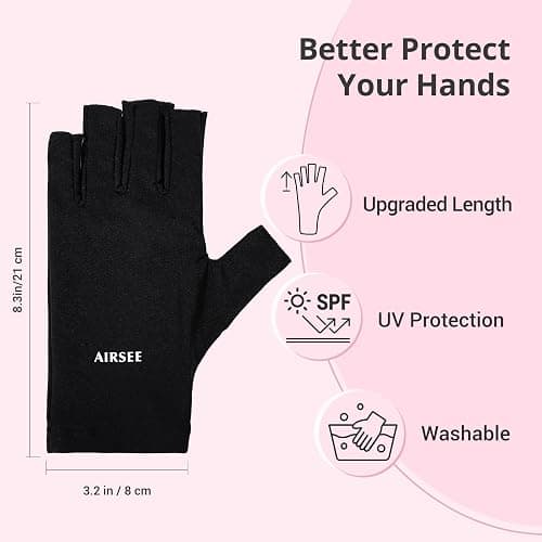 AIRSEE UV Gloves for Nail Lamp,Professional UPF50+ UV Protection Gloves for Manicures Nail Art,Fingerless Gloves That Shield Skin from The Sun and Nail Lamp (Black) thumbnail 5