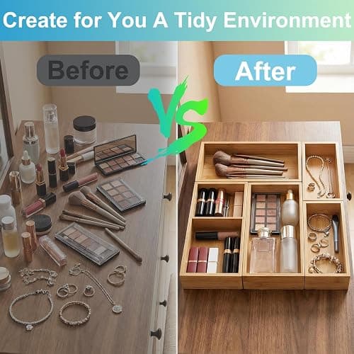 Acidea Bamboo Drawer Organizer Set, 5Pcs Multi-purpose Individual Storage Organizer, Junk Drawer Divider and Storage Trays Containers for Kitchen, Bathroom, Office Desk, Makeup, Jewelry, Utensils thumbnail 4
