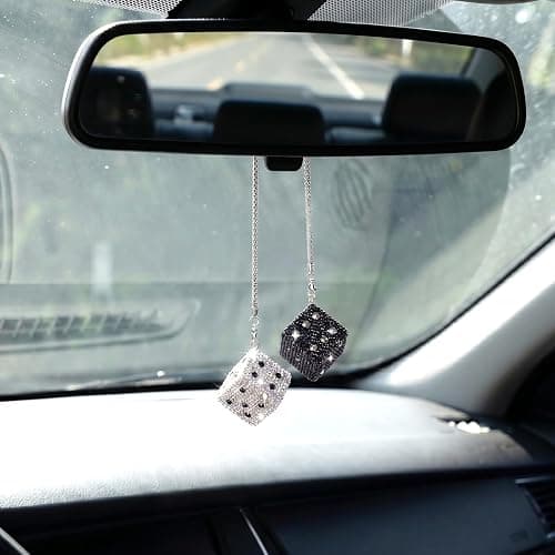 Bling Diamond Dice Car Hanging Accessories – Crystal Rear View Mirror Ornament, Sparkly Car Decor, Lucky car Accessories All Models (Black and White) thumbnail 2