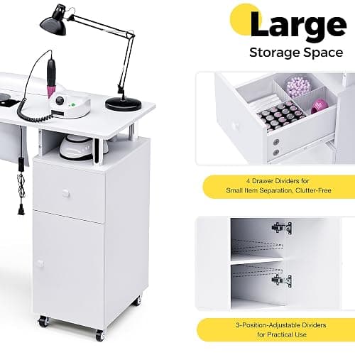 HolaiNail Manicure Table Nail Desk for Nail Tech, Acetone Resistant Beauty Salon Station with Dust Collector, Wrist Pad, Lockable Wheels, Drawer & Cabinet, White thumbnail 6