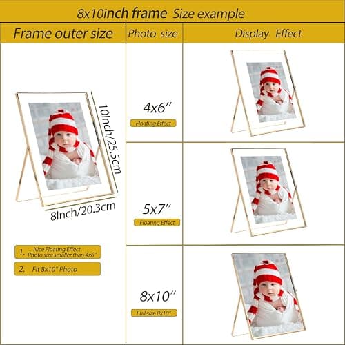 Gold 8x10'' Floating Frame Set of 2,For Photo Sizes( 5x7'',6x8'',7x9''),Beautiful Metal Beaded Edge Frames Adjustable Tabletop/Shelf Photo Frame,Classy Gift Choice for Wedding thumbnail 3