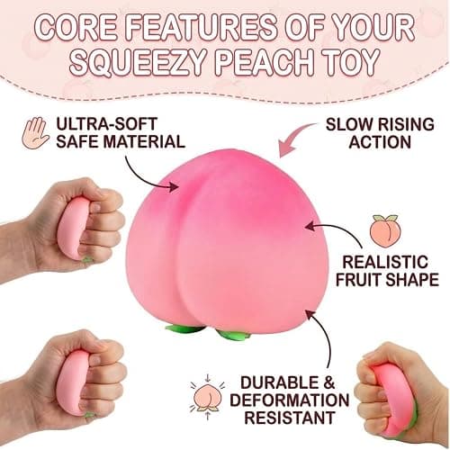 Pink Peach Squishy Toy, Slow Rising Stress Relief Fidget Toy | Realistic peach squishy shape, slowly rebounds after squeezing, relieves stress, cute desk decor & gift thumbnail 3