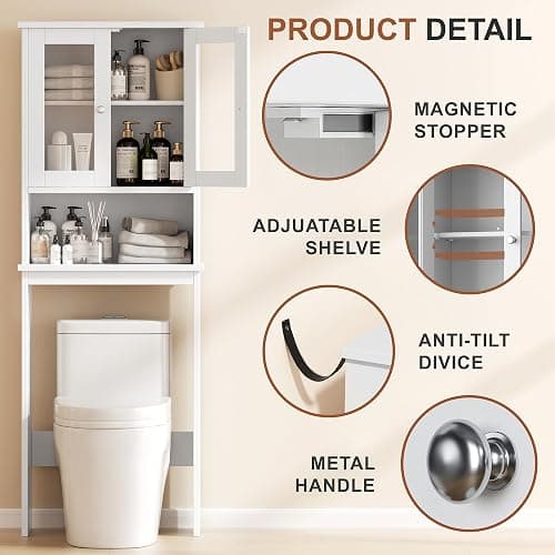 Shintenchi Over the Toilet Storage Cabinet, Bathroom Shelf Organizer with Anti-Tip Device, Small Freestanding Space Saver with Adjustable Shelf and Glass Door, White thumbnail 3
