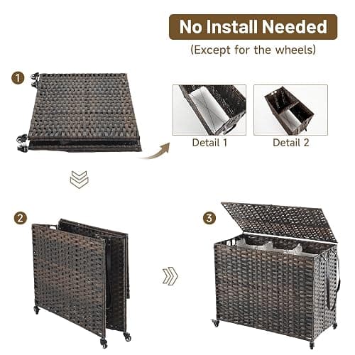 Laundry Hamper with Wheels, 52.8 Gallon(200L) Rolling Laundry Basket with Lid, 3-Section Rattan Clothes Hamper with 3 Removable Liner & 3 Mesh Bags, Laundry Sorter with Side Pocket, Brown thumbnail 7