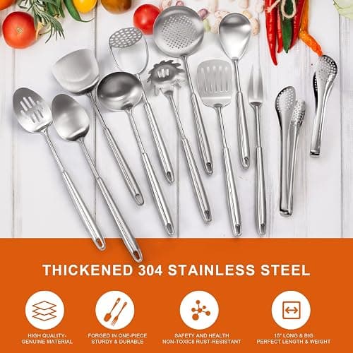 Stainless Steel Kitchen Utensils Set 18 10 Stainless Steel Cooking Utensils Set - 12 PCS Large Metal Cooking Utensil Tools Set thumbnail 6