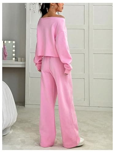 SOLY HUX Women's 2 Piece Outfits Fall Sweatsuits Off The Shoulder Crop Top Wide Leg Sweatpants Casual Matching Lounge Sets thumbnail 2