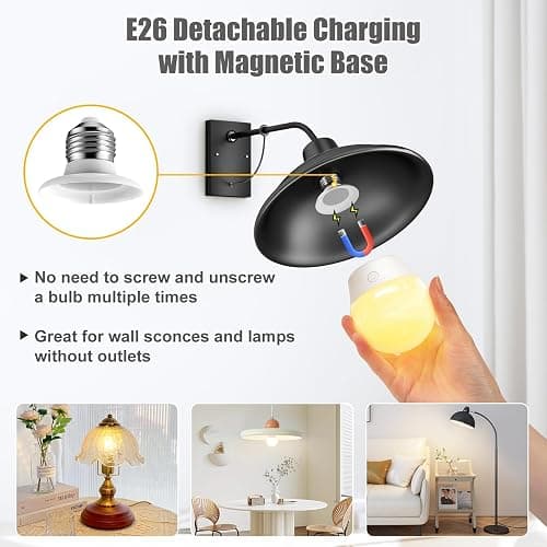 Brightown E26 Rechargeable Light Bulb with Remote and Timer, Battery Backup Bulb for Sconces and Lamps, Magnetic Bulbs for Non-Hardwired Fixture, 3 Color Temperatures + 9 RGB Colors, Dimmable, 2 Pack thumbnail 2