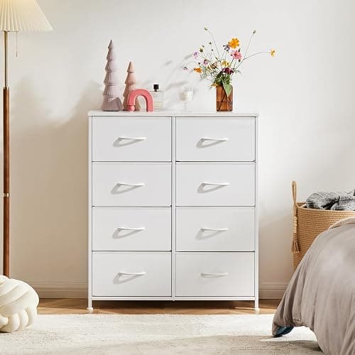 DUMOS Dresser for Bedroom with 8 Fabric Drawers, Tall Chest Organizer Units for Clothing, Closet, Kidsroom, Storage Tower with Cabinet, Metal Frame, Wooden Top, Lightweight Nursery Furniture, White thumbnail 8