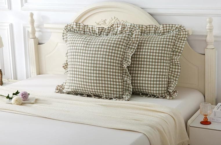 2 Pack Sage Green Plaid Ruffle Throw Pillow Covers 18x18 inches, 100% Washed Cotton Gingham Checkered Farmhouse Pillow Shams for Bed/Sofa (18x18 inches, Sage Green Gingham) thumbnail 2