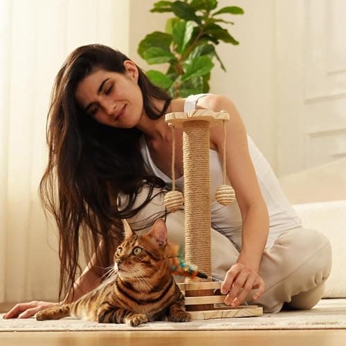 KHALOR Cat Scratching Post for Kittens, 4 in 1 Wooden Cat Scratcher Toy, 17.7" Tall Scratch Post with 2 Level Cat Track Balls, Interactive Feather Toy and 2 Sisal Hanging Balls for Indoor Kittens thumbnail 5