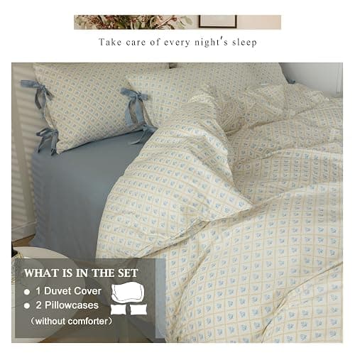 VM VOUGEMARKET Full Duvet Cover with Blue Flower Prints,100% Cotton Bedding Set,Yellow Plaid Grid Comforter Cover with Zipper Closure,80x90 Inch thumbnail 2