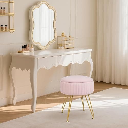 xupersodys Round Vanity Stool with Storage Ottoman, Vanity Chair for Makeup Room with Removable Cover, Small Footrest Ottoman for Home, Living Room, Bedroom (Pink) thumbnail 2
