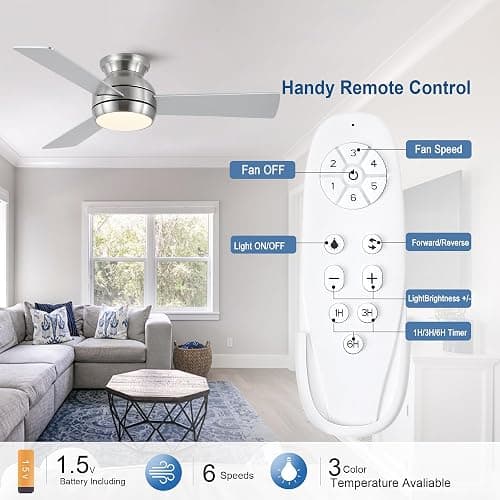 putroad 42 Inch Ceiling Fans with Lights and Remote, Brushed Nickel Low Profile Ceiling Fan with Light, Flush Mount, Reversible, 6 Speeds, 3CCT Dimmable, Bedroom Indoor/Outdoor Patios Use thumbnail 7