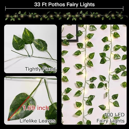 suddus Vine with Fairy Lights Battery Operated, 33ft100 LED Pothos String Lights with Remote, Leaf Lights for Bedroom, Room, Wall, Garden, Party, Wedding Decor(Warm White) thumbnail 5