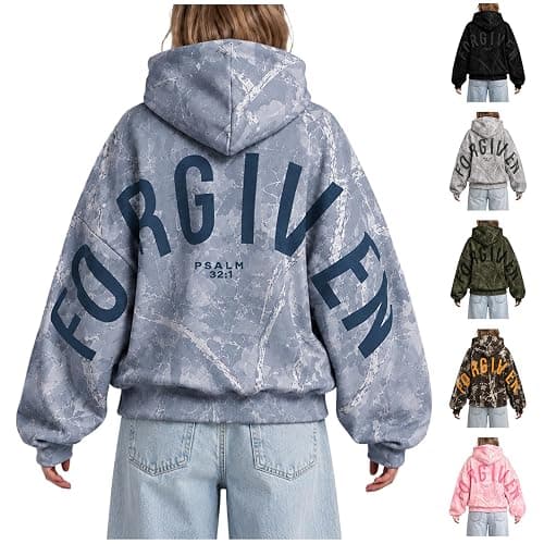 Tednrk Christian Hoodies for Women Maple Leaf Faith Forgiven Letter Print Camo Hoodie Oversized Y2K Pullover Sweatshirts thumbnail 7