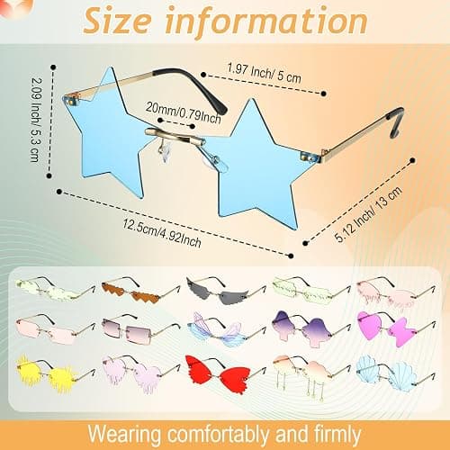 Fiada 16 Pcs Irregular Rimless Sunglasses Rectangle Star Cloud Flame Butterfly Shaped Heart Sunglasses Frameless Disco Glasses Party Favors Photo Props for Women Men Costume Unisex thumbnail 2