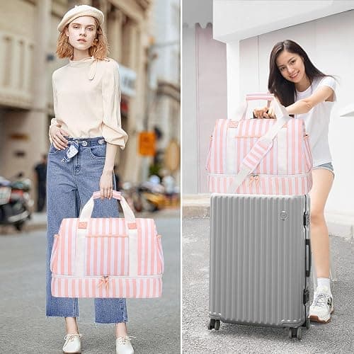 Bosidu Stripe Weekender Overnight Bags for Women - 2Pcs Carry On Travel Duffle Bag with Shoe Compartment - Pink thumbnail 7
