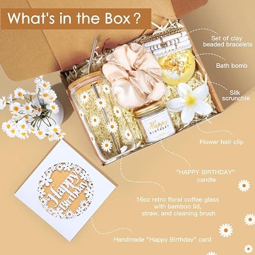 Frerdui Birthday Gift Box for Women & Teen Girls – Cute Daisy Glass Cup Gift Set (7PCS), Happy Birthday Gift for Her, Sister, Daughter, Best Friend thumbnail 3