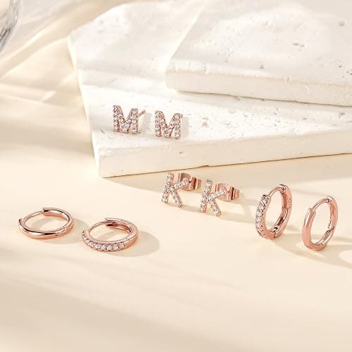 Ritach Gold Earrings for Women Girls - 3 Pairs Gold/Silver/Rose Gold Hoop Earrings for Women Girls CZ Initial Stud Earrings for Girls Hypoallergenic Earrings Set for Multiple Piercing thumbnail 7
