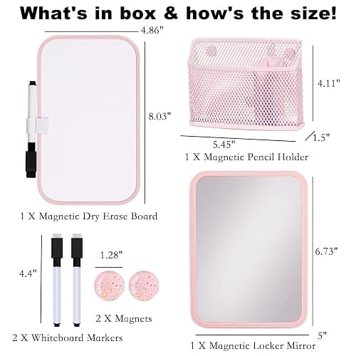 Svartur Magnetic Locker Accessories for Girls with Magnetic whiteboard, Locker Mirror and Magnetic Pen Holder, Pink Locker Decoration for School Locker, Back to School Essentials - Pink thumbnail 3