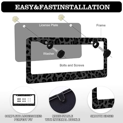 Black Leopard Print License Plate Frames - 2 Pack Animal Cheetah Print License Plate Holder Covers, Aluminum Metal Rust-Proof Waterproof Car Tag Frame with Screws Fasteners Caps thumbnail 3