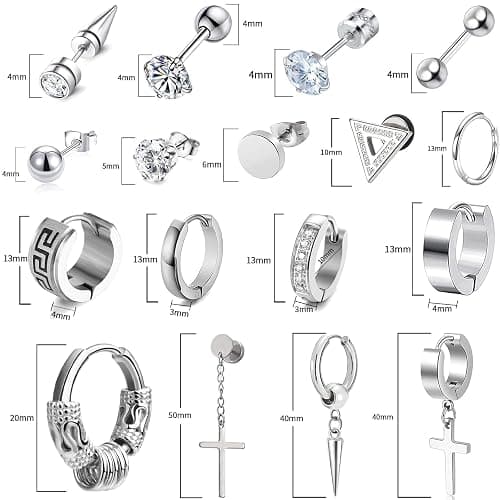 17 Pairs Earrings for Men, Stainless Steel Earrings For Men Sensitive Skin, Fashion Earring Piercing Jewelry Cross Dangle Hoop Earrings Kit Studs Long-lasting Shine thumbnail 2