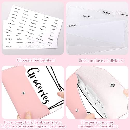 Frienda Cash Envelope Wallet PU Leather 7 x 3.5 Inch Reusable Budget Money Pouch Envelope Organizer 8 Cash Dividers 2 Sheets Category Sticker Labels for Wallets Bill Planner(Pink,Classic) thumbnail 6