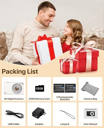 Digital Camera, 4K Vlogging Camera for YouTube Autofocus Cameras for Photography with 16X Digital Zoom, 48MP Compact Point and Shoot Digital Camera for Teens Adult with 32GB SD Card, 2 Batteries-White thumbnail 7