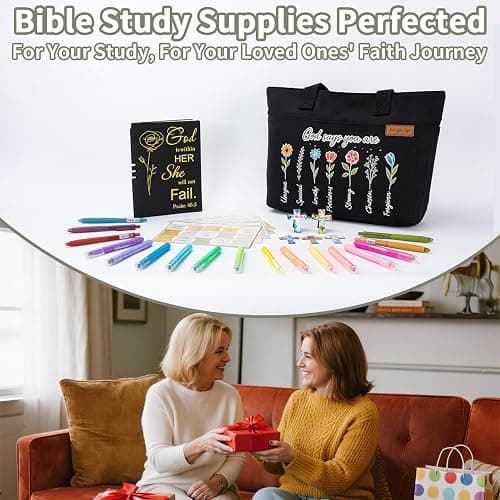 25 PCS Bible Study Supplies Kit, Large Capacity Canvas Tote Bag for Women Organizer, Bible Highlighters and Quick Dry Pens No Bleed Through, Notebook Bible Tabs Cross Bookmark Journaling Accessories thumbnail 8