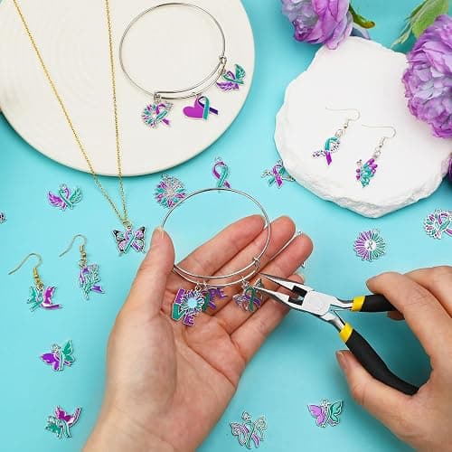 MARFOREVER 40 Pcs/20 Pairs Suicide Awareness Charms, Suicide Prevention Charms Teal Purple Ribbon Pendant for Bracelet Necklace Earrings Making Accessories thumbnail 4