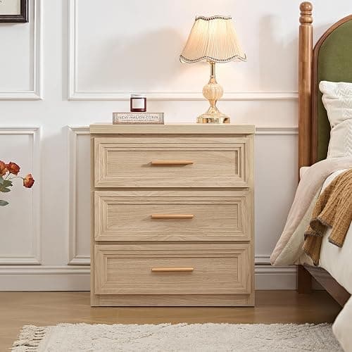 RWYHG Night Stand Set of 2 with 3 Drawer 26" Fluted Wooden Tall Nightstand Metal Handle for Bedroom Living Room Bedside Table Modern Style Furniture Natural thumbnail 2