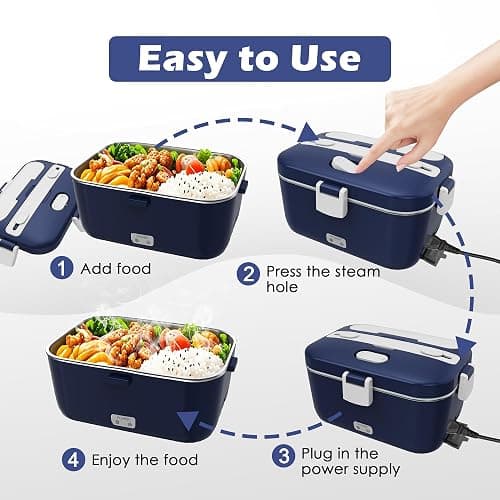 COZYEXPERT 100W Electric Lunch Box Food Heated 12V 24V 110V Fast Food Warmer Heater for Car/Truck/Home Portable Food Heating Boxes with 1.8L 304 SS Container 0.45L Compartment(Royal Blue+White) thumbnail 7