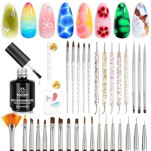 Beetles Nail Art Brushes 31pcs and Blooming Gel Set Clear UV LED Aura Nails Gel Polish for Spreading Effect Marble Natural Stone Watercolor Floral Print Soak Off Dotting Tools, Nail Art Pens - Image 1