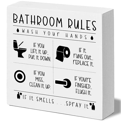 FUQWZ Funny Bathroom Wooden Box Sign, Farmhouse Rustic home Decor, House Decor For Restroom Toilet Washing Basin Shelf Table, Bathroom Rules Warning Sign, Gifts for Thanksgiving Christmas Easter(006) - Image 1