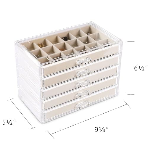 Frebeauty Acrylic Jewelry Organizer Earring Organizer Box with 5 Drawers Earring Holder Organizer with Velvet Trays Clear Jewelry Box for Women Earring Display for Rings Studs(Beige) thumbnail 3