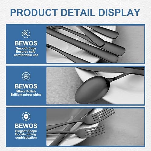 BEWOS 20 Piece silverware set - Service for 4, Black Stainless Steel Silverware Set with Mirror Polishing, Including Knives, Forks and Spoons, Dishwasher Safe, Flatware Set Suitable for Home Kitchens thumbnail 6