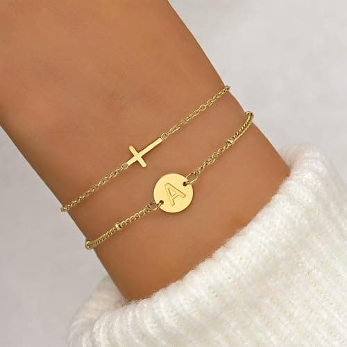 FERLYHR Cross Bracelet for Women Initial Bracelets for Women Dainty Layered Beaded Disc Monogram Gold Faith Cross Bracelet Christian Religious Jewelry Gift thumbnail 2