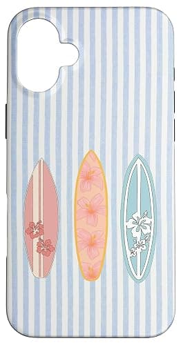 Aesthetic Summer Beachy Blue Stripes Surf Surfing Collage Case for iPhone 16 Plus - Image 1