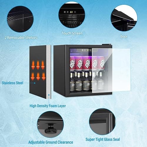 Erivess 1.3 Cubic Feet Mini Fridge, 60 Can Freestanding Beverage Refrigerator with Glass Front Door for Soda, Beer Under Counter Small Refrigerator with Adjustable Shelves and Digital Display(Black) thumbnail 3