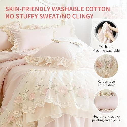 French Chic Bedding Set 4-Piece - Romantic Lace Trim Washed Cotton, Duvet Cover with Bed Skirt & Pillowcases for Queen Bed, Princess Style (Comforter Not Included) (Pink,Queen (U.S. Standard)) thumbnail 5