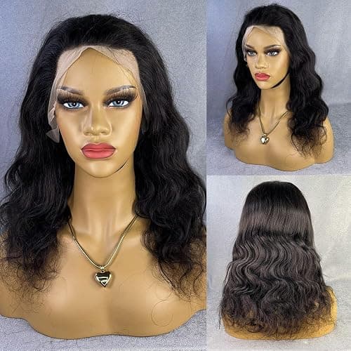 SKULD Body Wave Human Hair Wig 13x4 Lace Front Wigs, Natürliche Gewellte Welle Echthaar Perücke für Damen Schwarz, 100% Brasilianisches Echthaar Perücken mit Babyhaar 150% Dichte (45cm) thumbnail 3