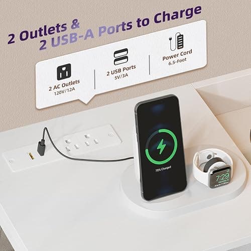 Somdot White Nightstand with Charging Station and LED Light, Wide 5 Drawers Dresser for Bedroom with Fabric Bins and Open Shelf for Bedroom Kids Closet Dorm Guest Room, White Leather thumbnail 4