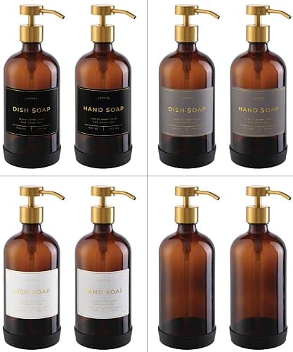 Hand and Dish Soap Dispenser for Kitchen and Bathroom, Set of 2 16 Oz Glass Bottles, Stainless Steel Pumps, Non-Slip Silicone Base, 27 Waterproof Labels (Amber Bottle/Brushed Gold Pump) thumbnail 6