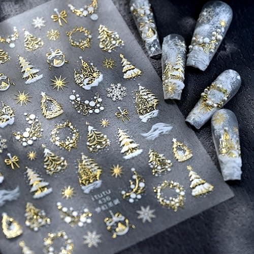 Gold Christmas Nail Stickers for Nail Art White Snowflake Nail Decals Deisgn 5D Embossed Gold Bow Xmas Tree Nail Art Stickers Christmas Nail Supplies for Women Gilrs Nails Decoration Accessories thumbnail 2