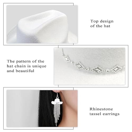 JIANGLAI Western Cowgirl Hat for Women Men, Fedora Wide Brim Rhinestone Cowboy Hat with Bandana and Cowgirl Tassels Earrings thumbnail 3