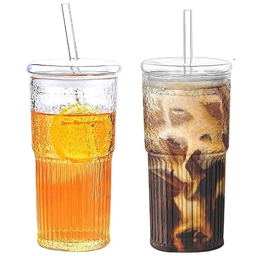 2PCS Glass Cups with Lids and Glass Straws, 20OZ Iced Coffee Cups, Home Essential and Coffee Bar Accessories Borosilicate Glass Tumblers with Lid and Straw for Beer, Cocktail, Tea and Latte, Clear - Image 1