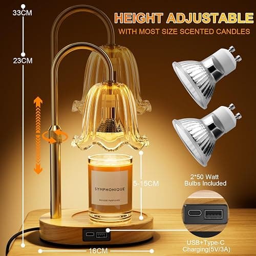 Candle Warmer Lamp - Dimmable & Timer with USB & Type-C Ports, Height Adjustable Flameless Candle Lamp for Jar Candles, for Women's Birthday, Christmas & Anniversary(Includes 2 Bulbs) thumbnail 2