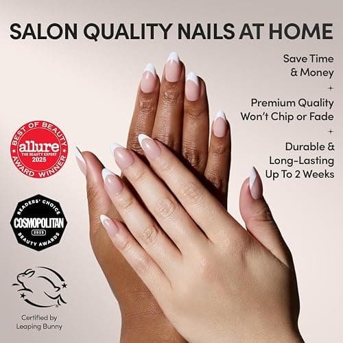 Glamnetic Press On Nails - MaDamn | French Tip Nails, UV Finish Short Pointed Almond Shape, Salon Quality Semi-Transparent Nails in 12 Sizes - 24 Nail Kit with Glue thumbnail 2
